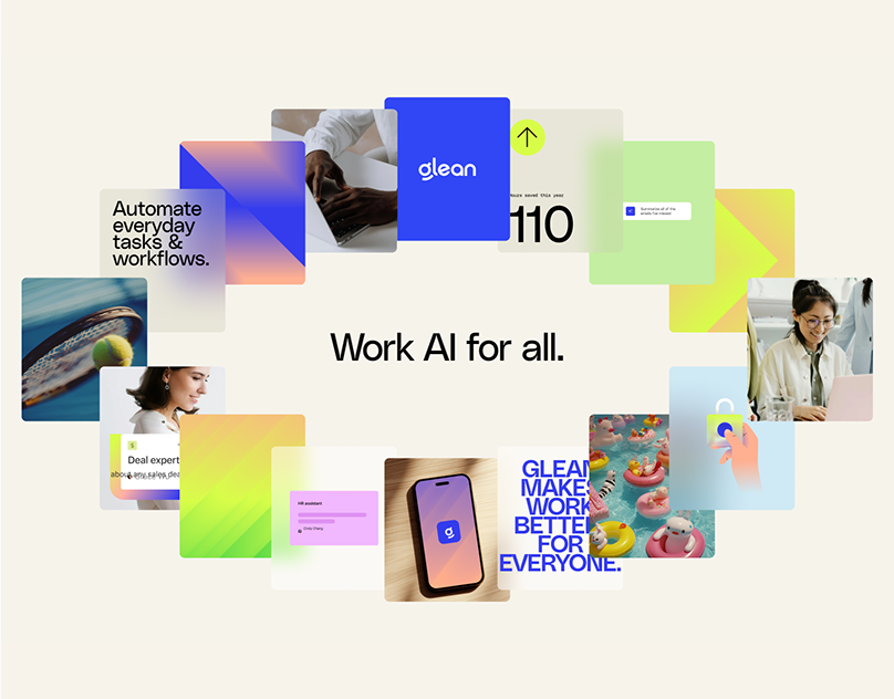 The image presents a modern, clean, and professional visual composition using geometric shapes and a limited color palette to convey a message about AI automation. The design is structured with overlapping, brightly colored blocks arranged around a central theme.