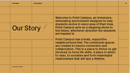 The design is clean, minimalist, and uses a muted, earthy color palette with a grid structure to convey a sense of order and groundedness. The visual language is straightforward, focusing on clear typography against a subtle background texture.