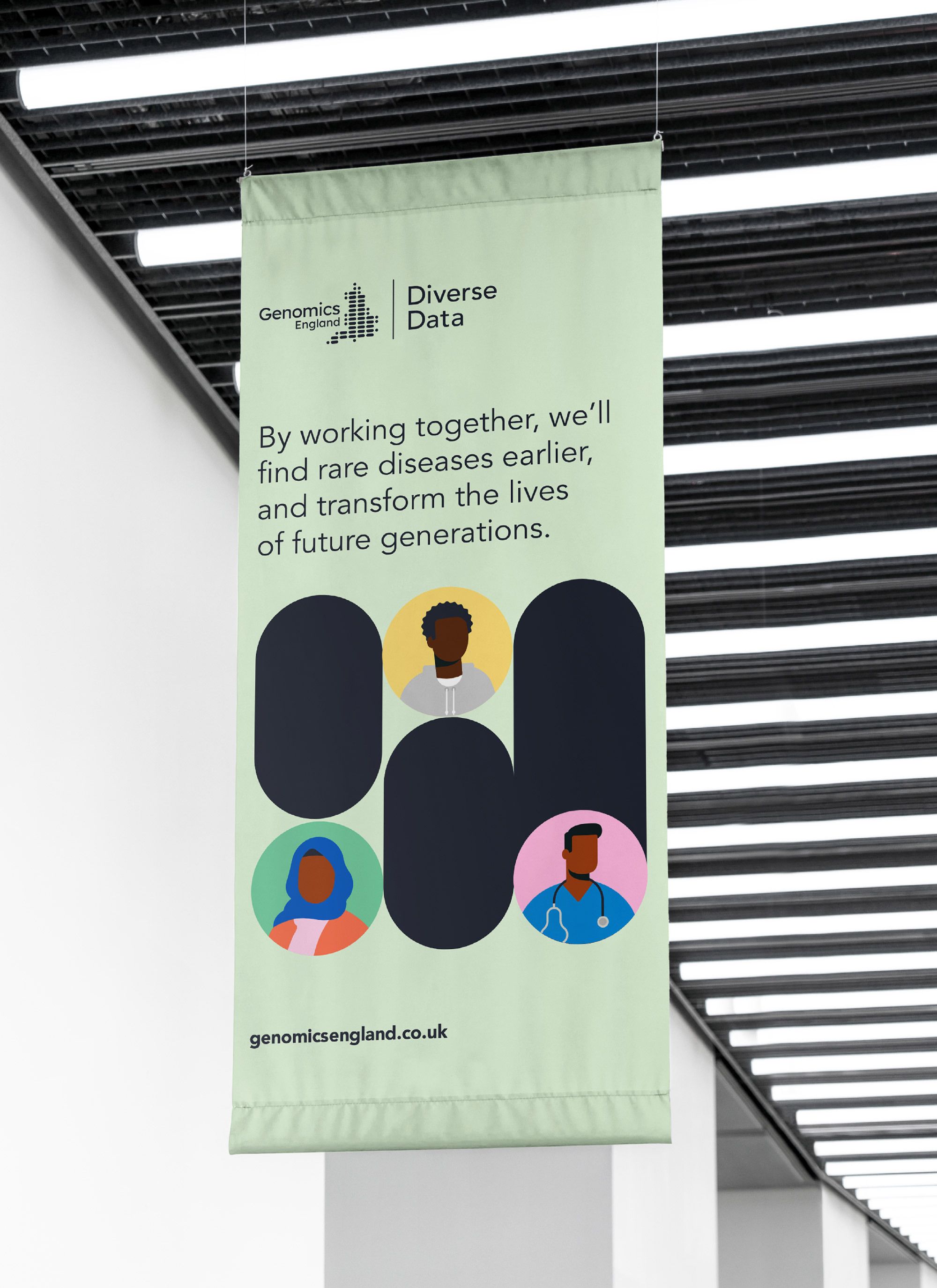 This is a professional banner or flag design characterized by a clean, modern aesthetic using muted greens and deep navy tones. The design uses circular silhouettes of diverse individuals to convey a message about collaborative scientific work and future generations.