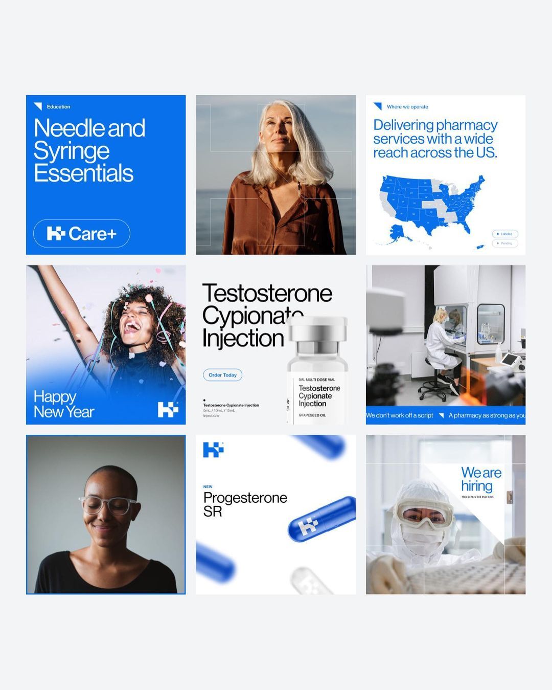 The image is a grid of promotional or informational tiles, characterized by clean, modern layouts using professional photography and clear typography. The design employs a consistent visual language across all panels, suggesting a focus on healthcare or pharmaceutical services.