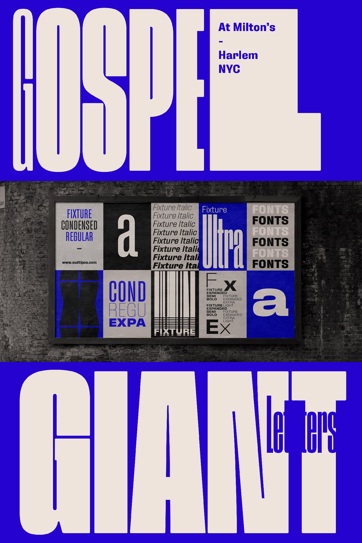 A bold, modernist design poster featuring large geometric typography in a striking blue and cream color scheme. The layout showcases a hierarchical arrangement of text and abstract design elements, with a central collage of smaller typographic specimens and design artifacts. The overall aesthetic is distinctly mid-century modern with a contemporary graphic design sensibility.