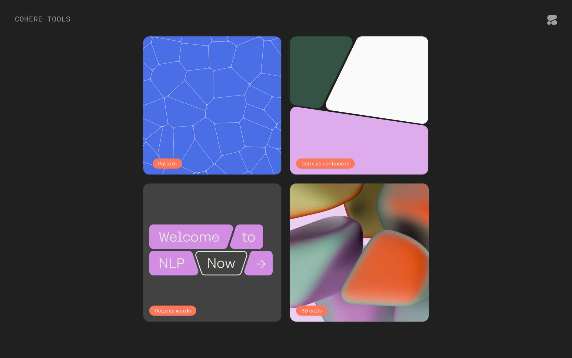 This interface exhibits a clean, modular design using bright, distinct geometric tiles to represent abstract concepts. The visual language combines flat graphic patterns with subtle depth effects, creating a modern and organized feel perfect for displaying tool capabilities.