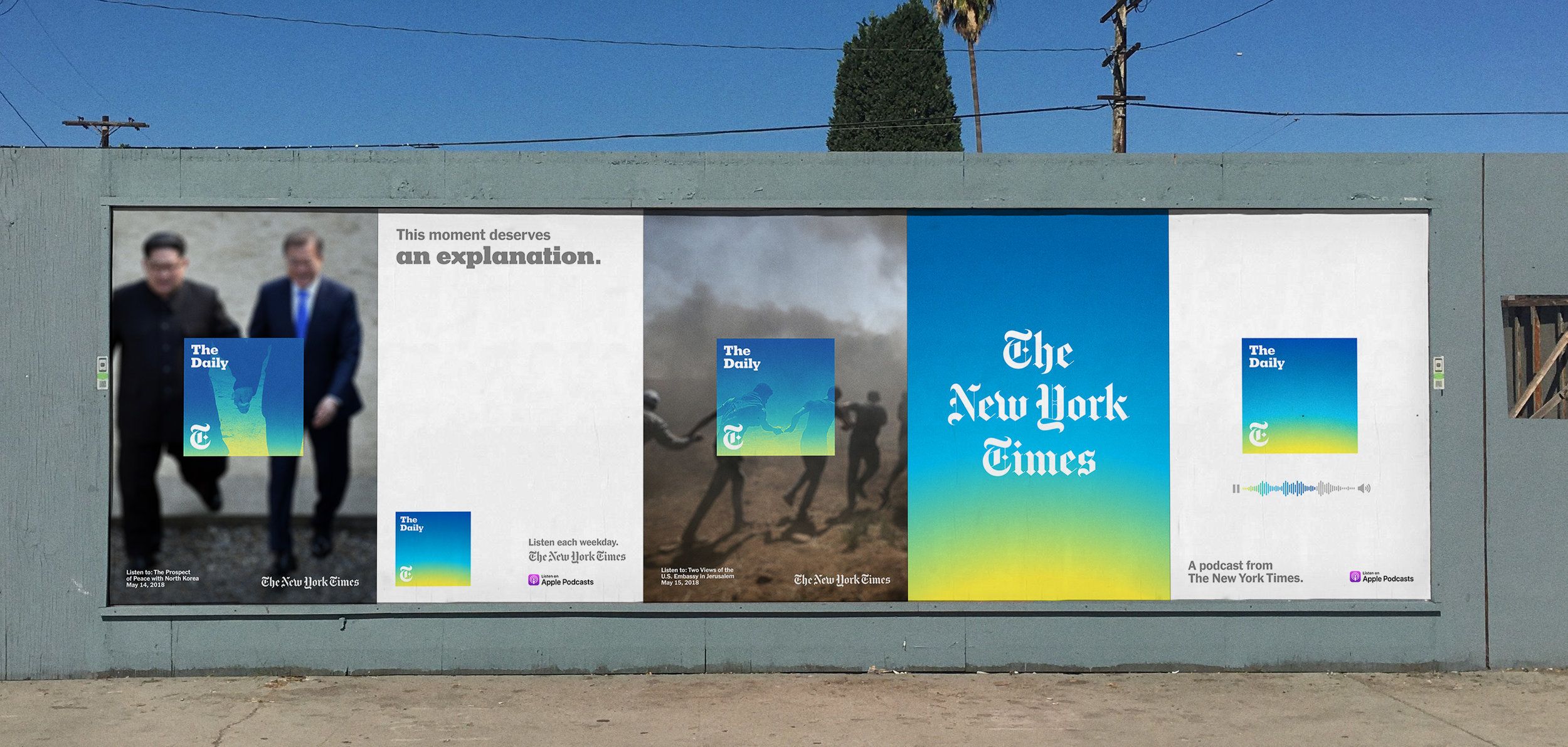 This is a large, horizontal billboard or display featuring a minimalist design focused on textual explanation and brand presence. It uses a clean, segmented layout to present information about 'The Daily' and 'The New York Times' with a modern, corporate aesthetic.