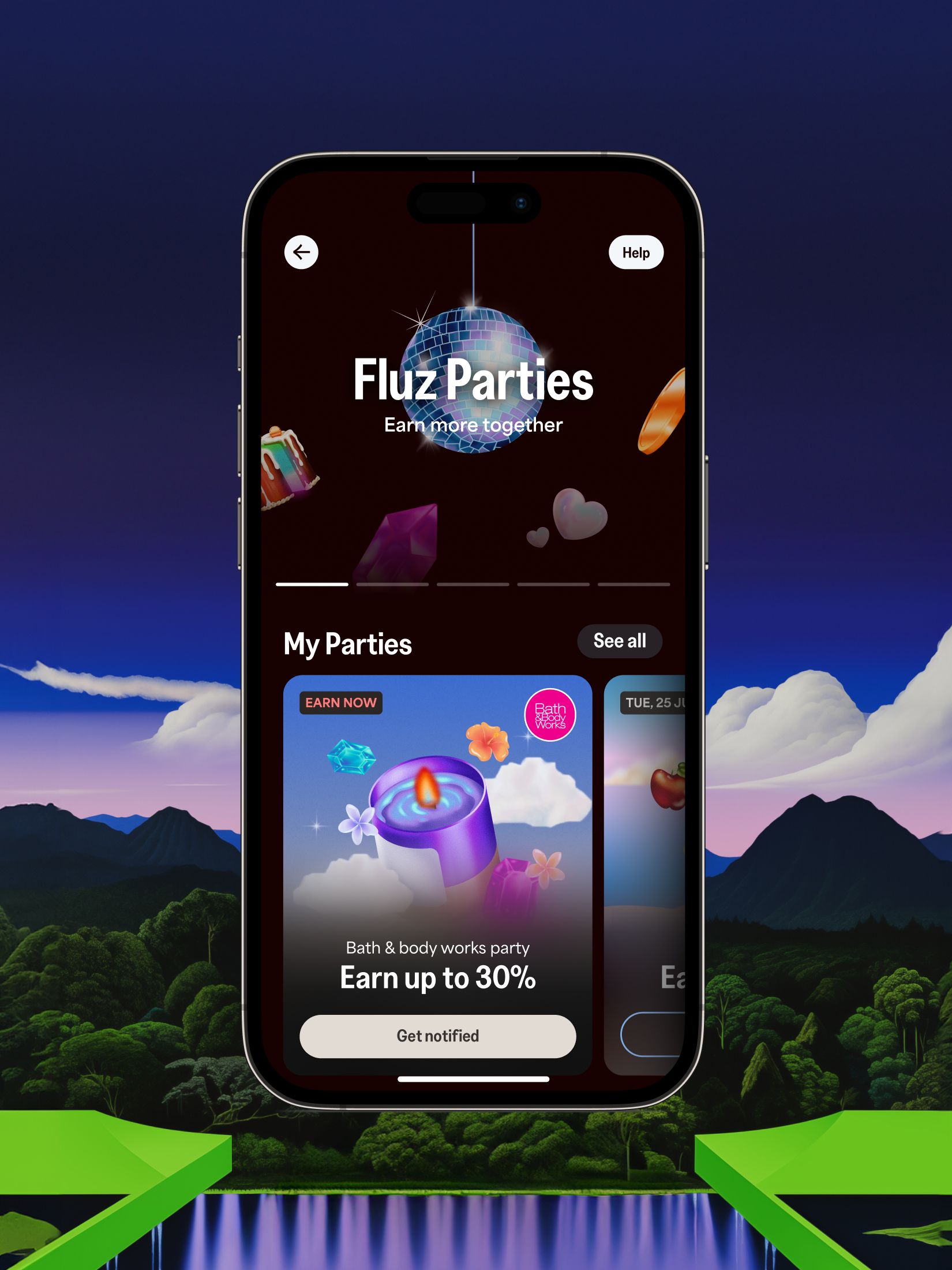 The design features a dark, moody background contrasted by bright, glowing elements and clean, modern typography. It employs a vertical layout typical of mobile app interfaces, suggesting an engaging and slightly magical experience.