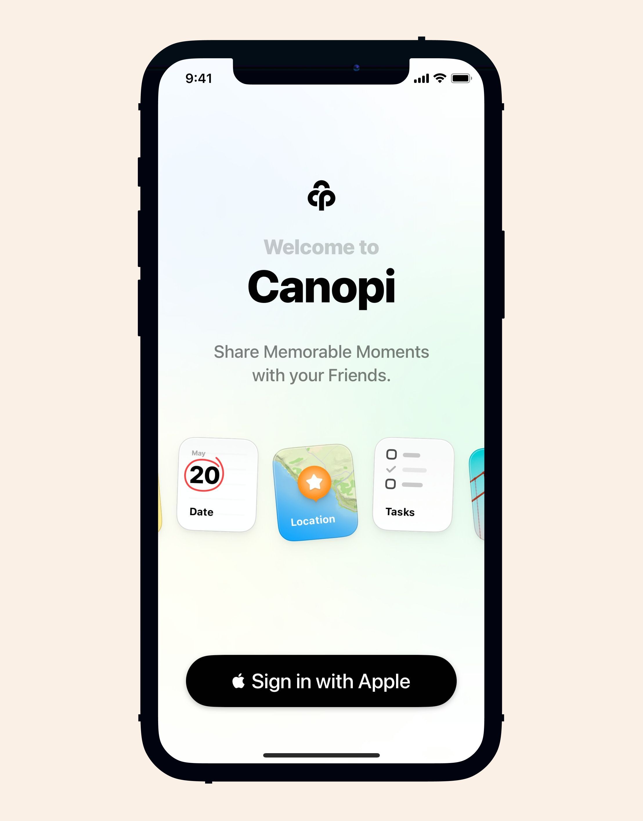 The interface presents a clean, modern onboarding or welcome screen with ample white space, utilizing a minimalist aesthetic to introduce the 'Canopi' service. The design is highly functional and relies on simple iconography and clear text hierarchy to guide the user toward sign-in.