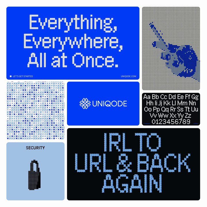 This design utilizes a strong pixelated or retro digital aesthetic characterized by high contrast and blocky typography. The visual language is strictly informational, using organized grids and distinct text blocks to convey brand identity and instructions. The overall feel is technical, structured, and reminiscent of early digital interfaces.