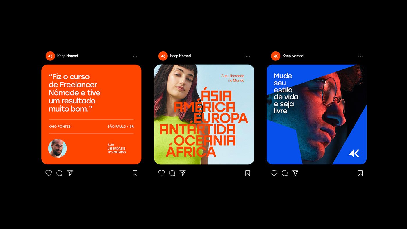 The image displays a series of three distinct, square promotional cards, likely for a digital platform or course. The design uses bold, contrasting colors and high-impact photography to convey expertise and aspiration.