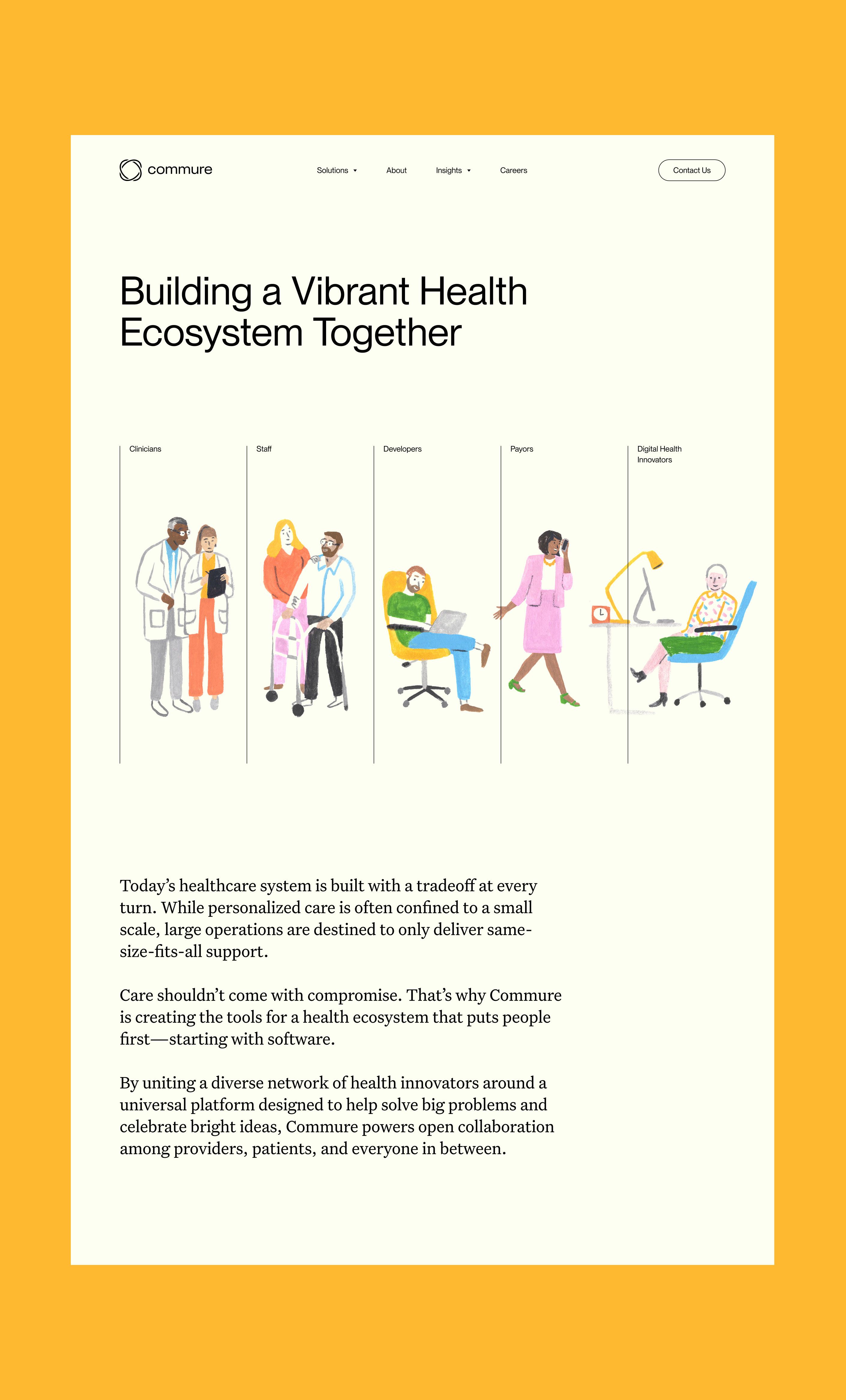 The design is clean, modern, and professional, utilizing a light background with clear, illustrative line art to convey a message about building a health ecosystem. The visual language is approachable and collaborative, using soft colors and simple figures to represent diverse stakeholders.