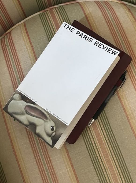 This image features a clean, minimalist design for a publication cover or review, utilizing high contrast between white space and dark brown elements. The inclusion of a subtle, monochromatic illustration adds a touch of organic texture to the otherwise structured layout.