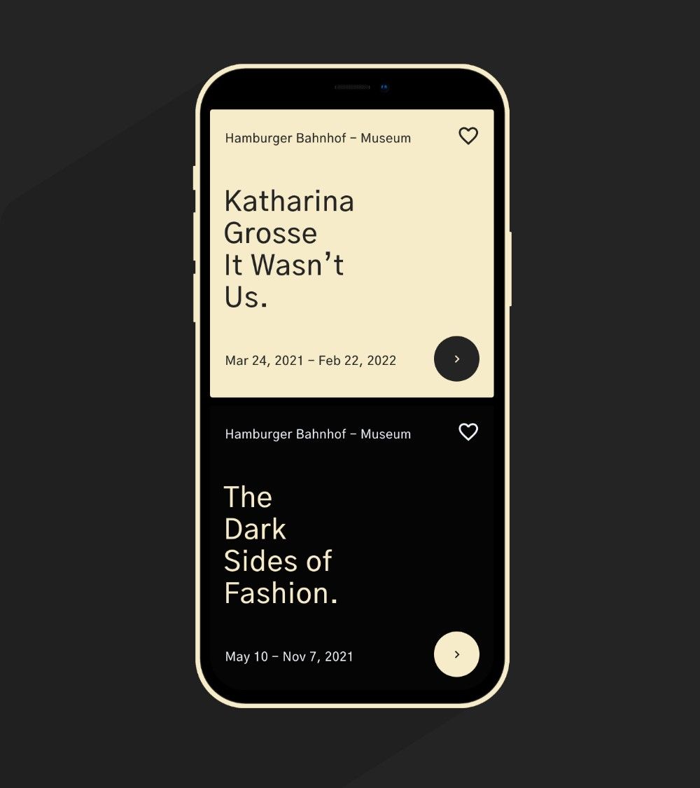 A minimalist mobile interface showcasing museum exhibition cards with a clean, contemporary design language. The layout features a stacked card system with contrasting cream and black backgrounds, emphasizing typography and whitespace for an elegant, gallery-like presentation.