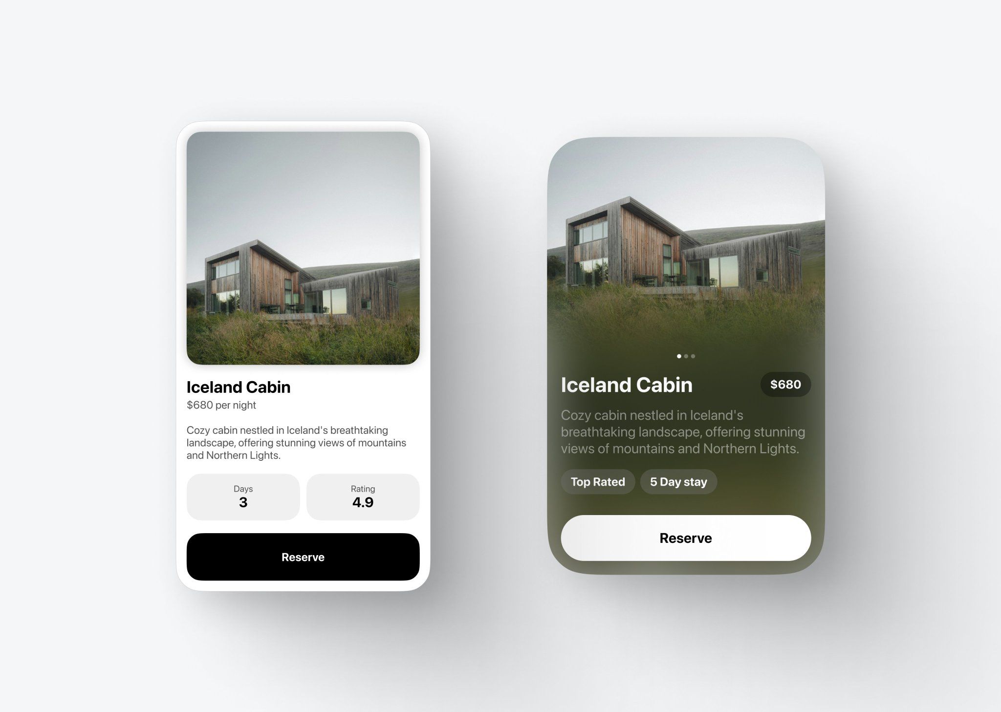 The image presents two mobile app screens for booking a cabin, characterized by a clean, modern, and nature-focused aesthetic. The design uses muted earth tones and high-quality photography to evoke a sense of cozy, rustic escape.