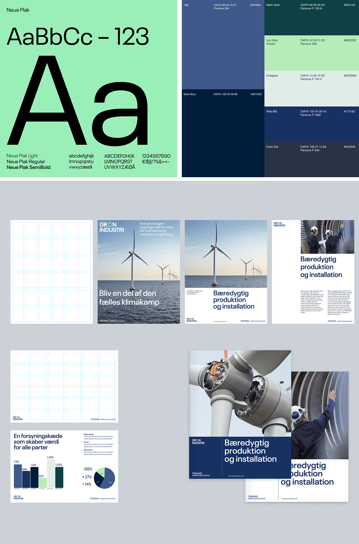 This collection showcases a professional, corporate design language characterized by strong typographic hierarchy and clean data visualization. The visual language balances stark minimalist typography with thematic imagery related to industry and sustainability, resulting in a trustworthy and precise aesthetic.
