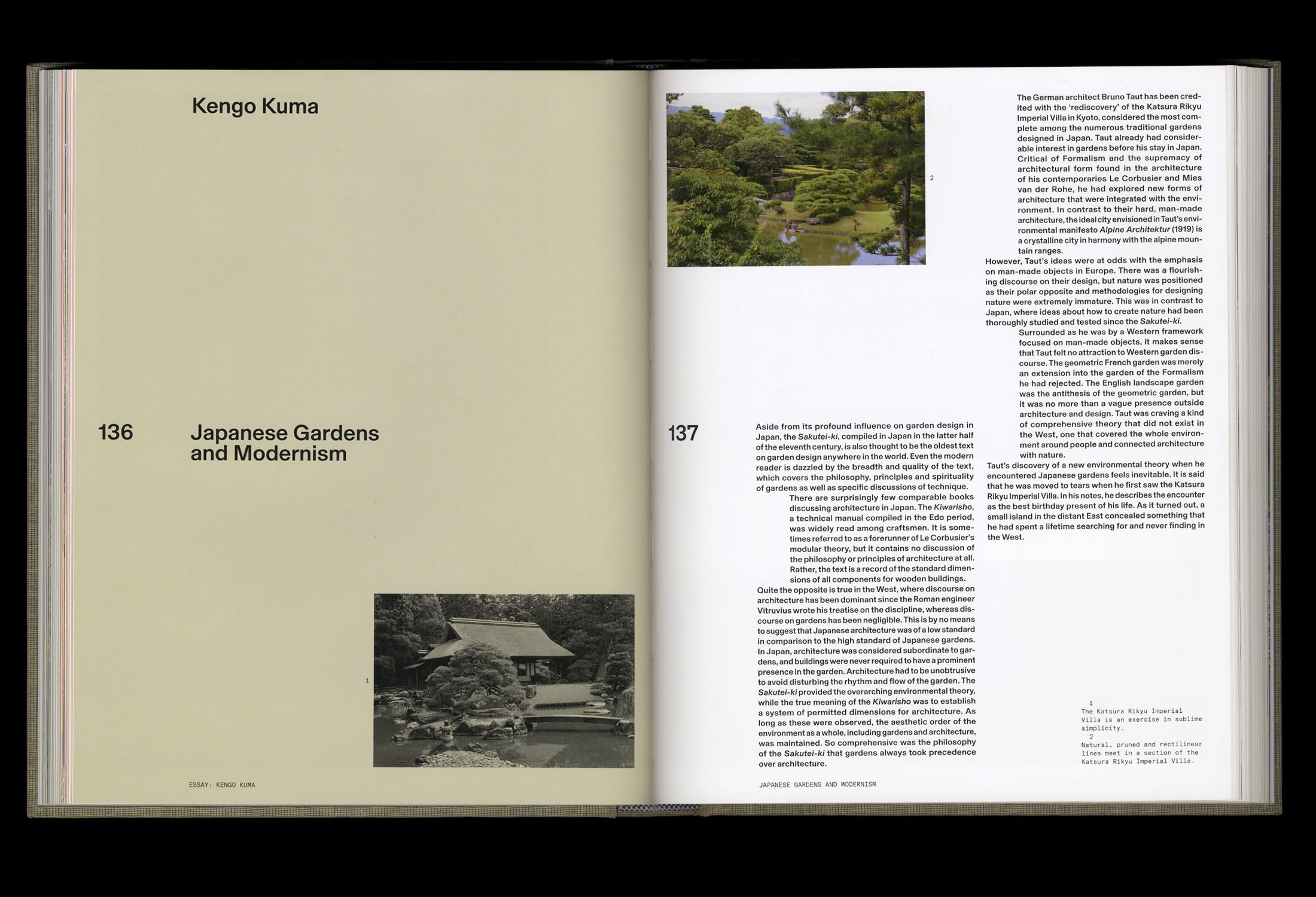 This image displays a page from a book, likely an academic or architectural text, featuring a title, text blocks, and a small photographic illustration related to Japanese gardens. The design is clean, academic, and text-heavy, emphasizing scholarly presentation.