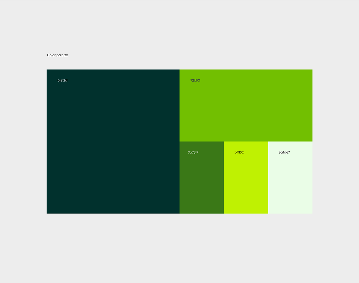 This image presents a clean, modern color palette display using solid blocks of color. The design relies on strong, contrasting greens and dark tones to create a balanced yet vibrant visual structure.