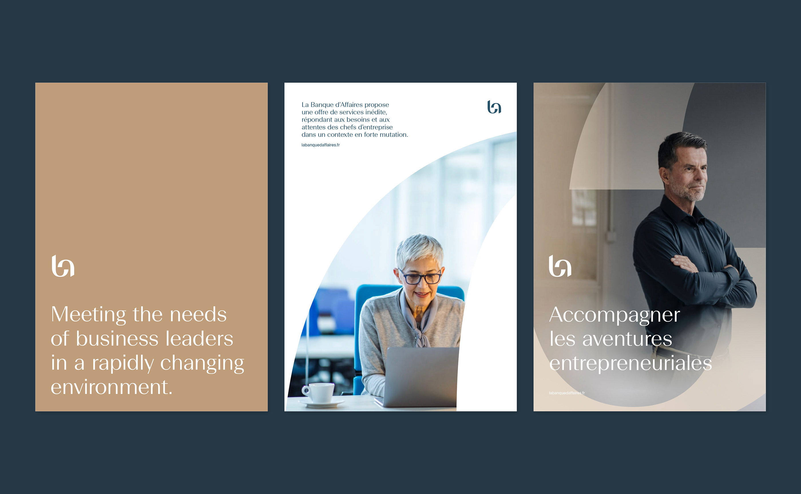 The design features a clean, modern, and professional aesthetic using muted earth tones contrasted with bright white space. The layout is balanced, utilizing large photographic elements alongside text blocks to convey expertise and corporate reliability.