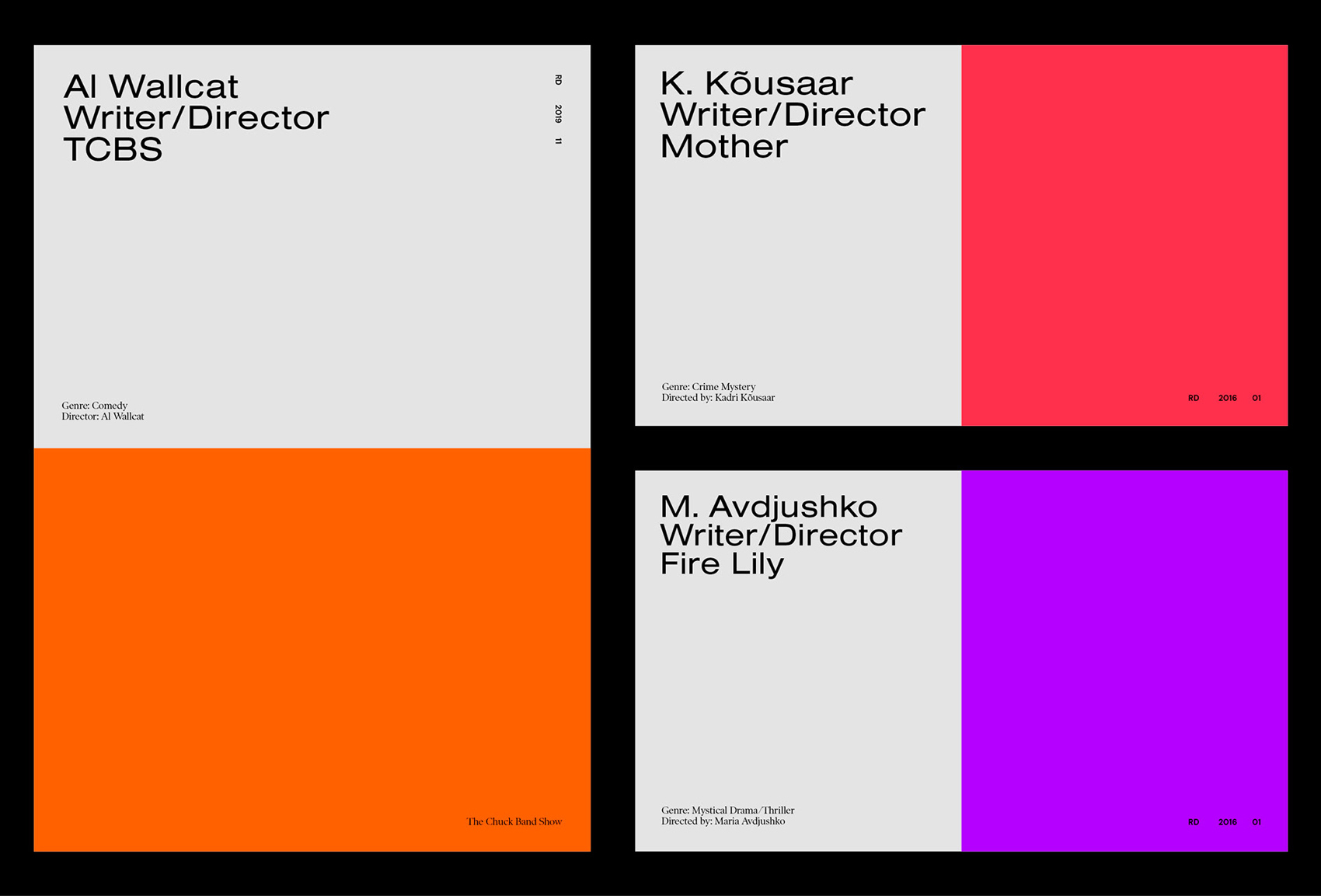 The design employs a bold, modular layout relying heavily on saturated color blocking to differentiate production entries and titles. The visual language is clean and graphic, using stark contrasts between solid colors and white space to create a modern and assertive aesthetic.