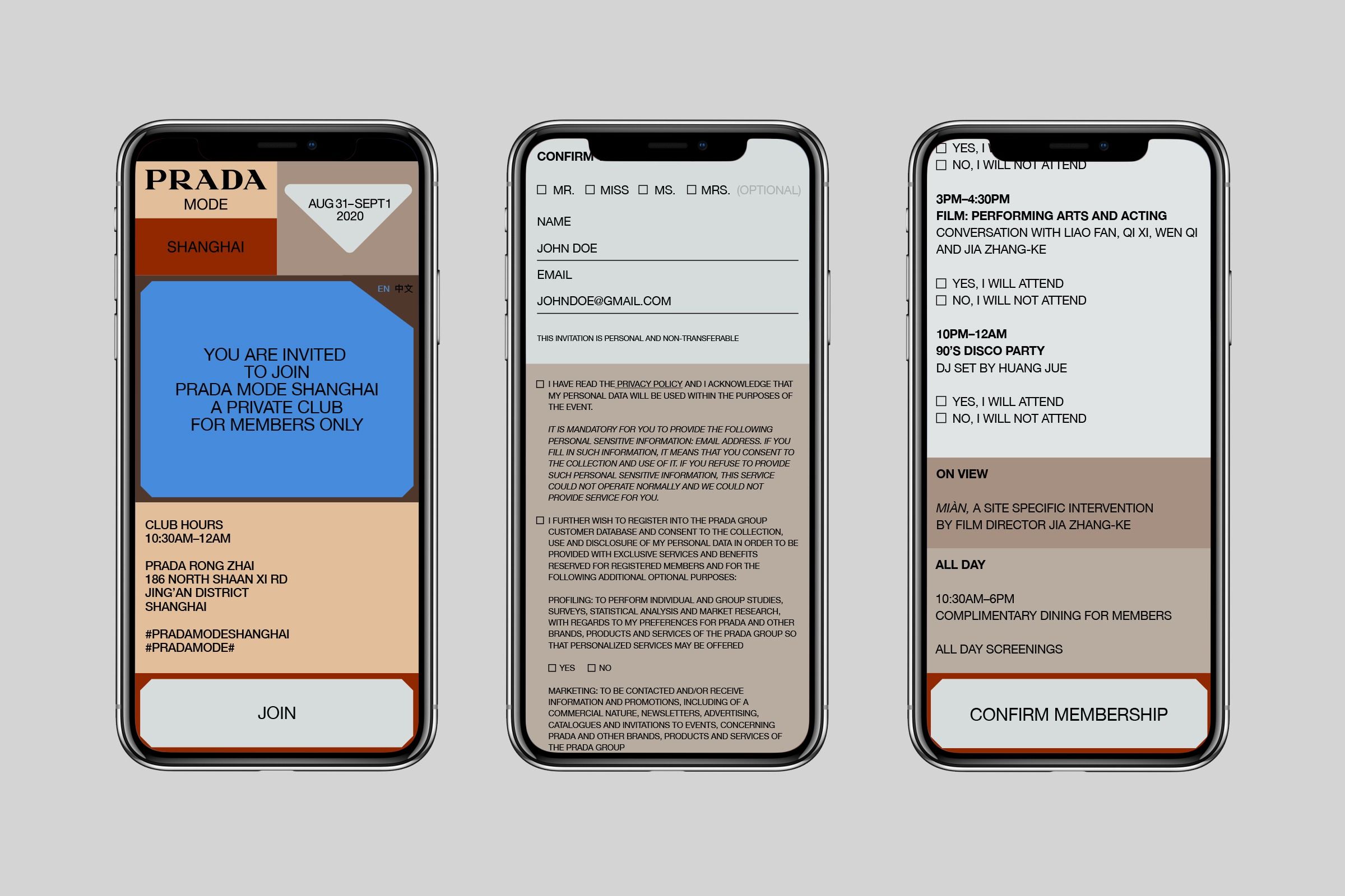 The image displays mockups of mobile application screens, likely for an invitation or membership process. The design is clean, modern, and professional, utilizing a dark mode aesthetic with clear hierarchy through text and layout.