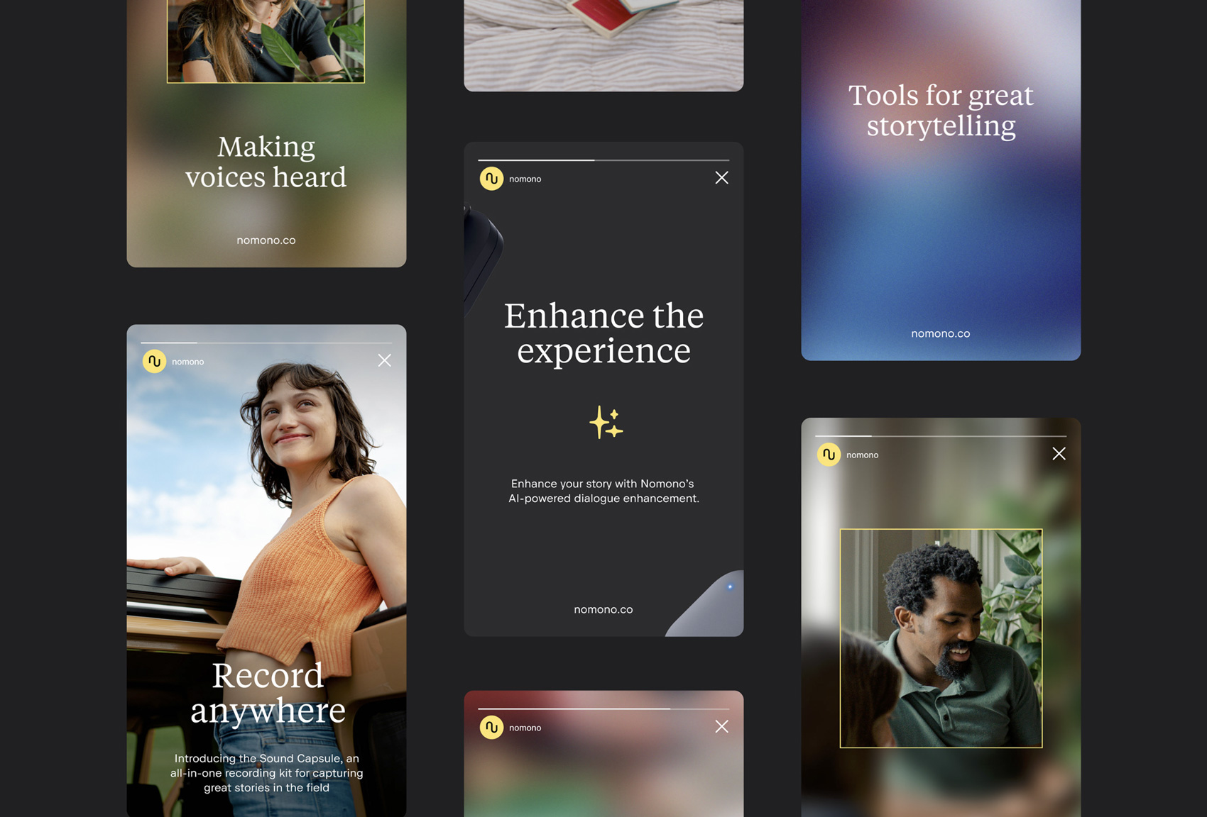 The image displays a grid of dark-themed digital interface mockups, suggesting a modern, professional application or platform. The design relies heavily on clean typography, subtle gradients, and negative space to convey a sophisticated and focused user experience.