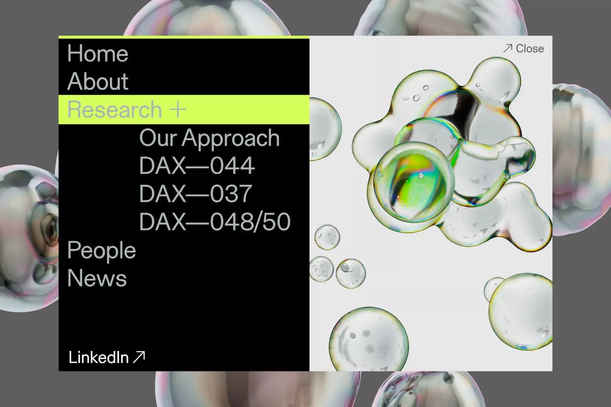 The design utilizes a high-contrast palette, pairing crisp dark backgrounds with luminous text and organic, iridescent bubble graphics. The visual language is modern and clean, effectively blending scientific or technical documentation with a fluid, visually appealing aesthetic.