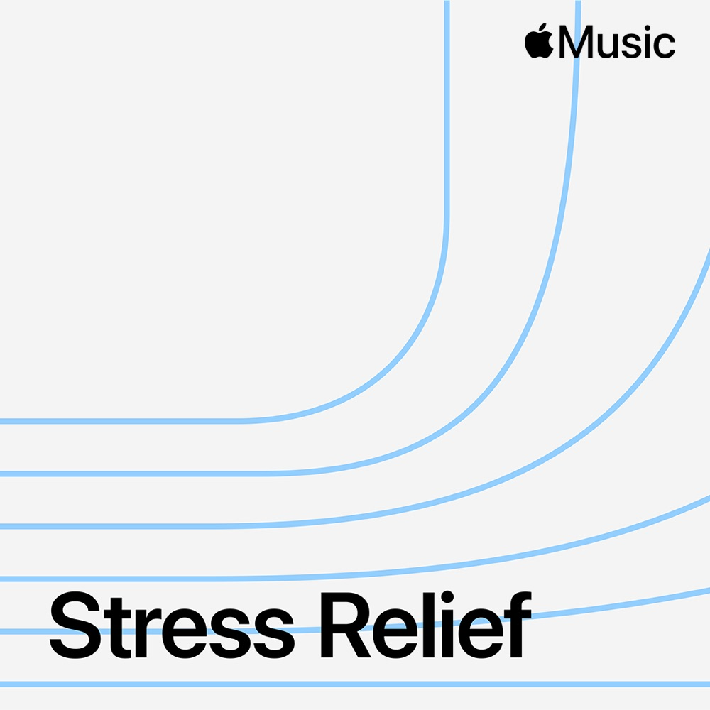 A minimalist Apple Music promotional design featuring the 'Stress Relief' playlist with elegant curved lines in soft blue creating a sense of calm and flow. The composition uses negative space effectively with clean typography and the Apple Music logo positioned in the upper right corner.