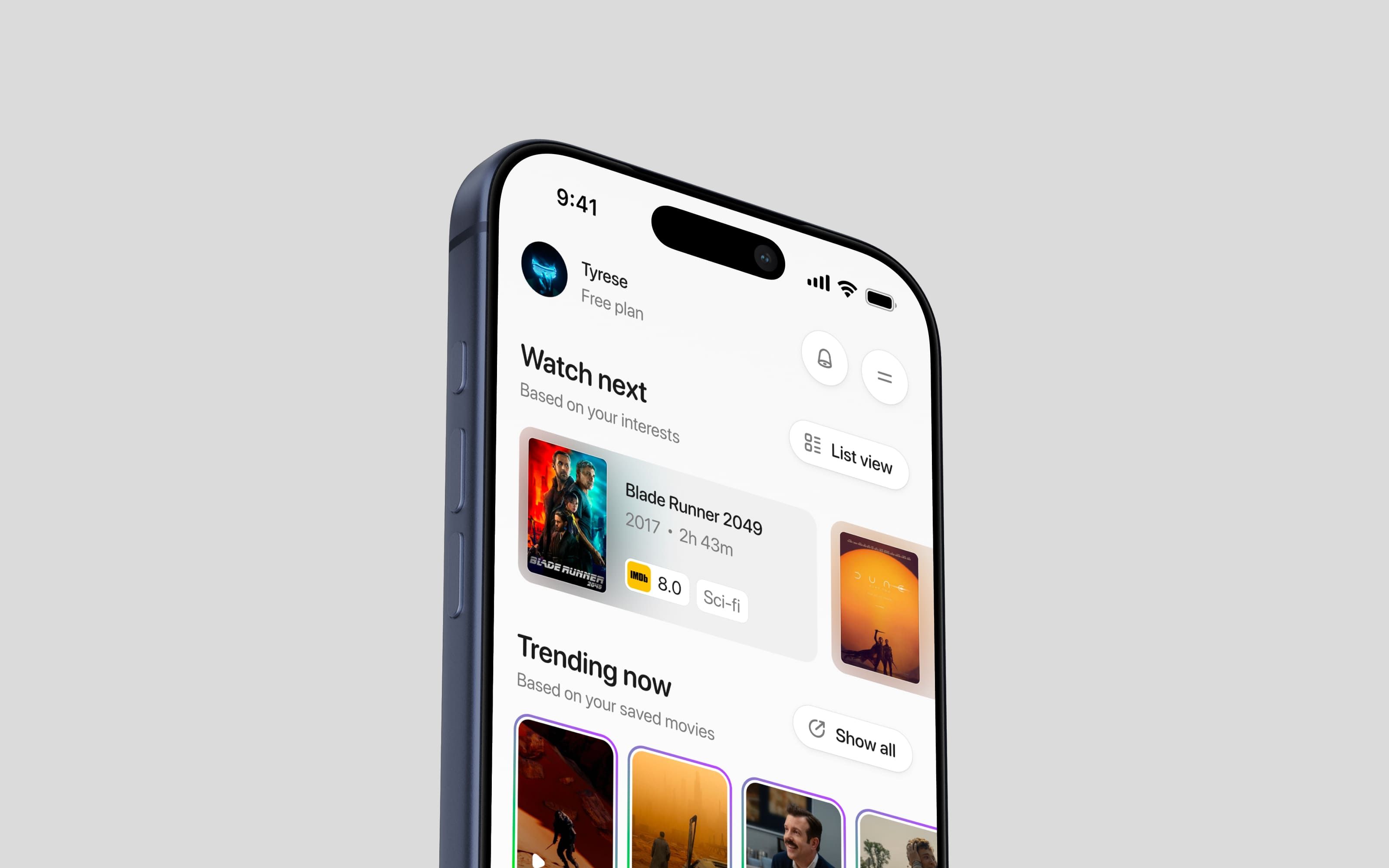 This interface employs a modern, minimalist design focused on content presentation using clear hierarchy and ample white space. The visual language is clean and intuitive, utilizing standard mobile UI patterns to make media browsing easy and engaging. The overall feel is professional, organized, and highly focused on visual storytelling.