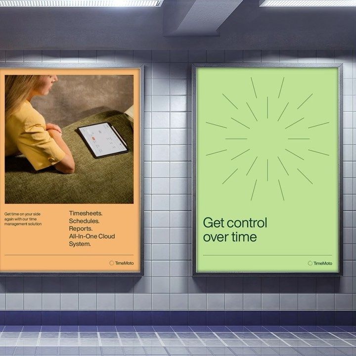 This design utilizes a clean, modern aesthetic blending photographic and abstract graphic elements to communicate concepts related to time management software. The visual language is professional and minimalist, employing structured framing and subtle color contrast to draw attention to key functional benefits.