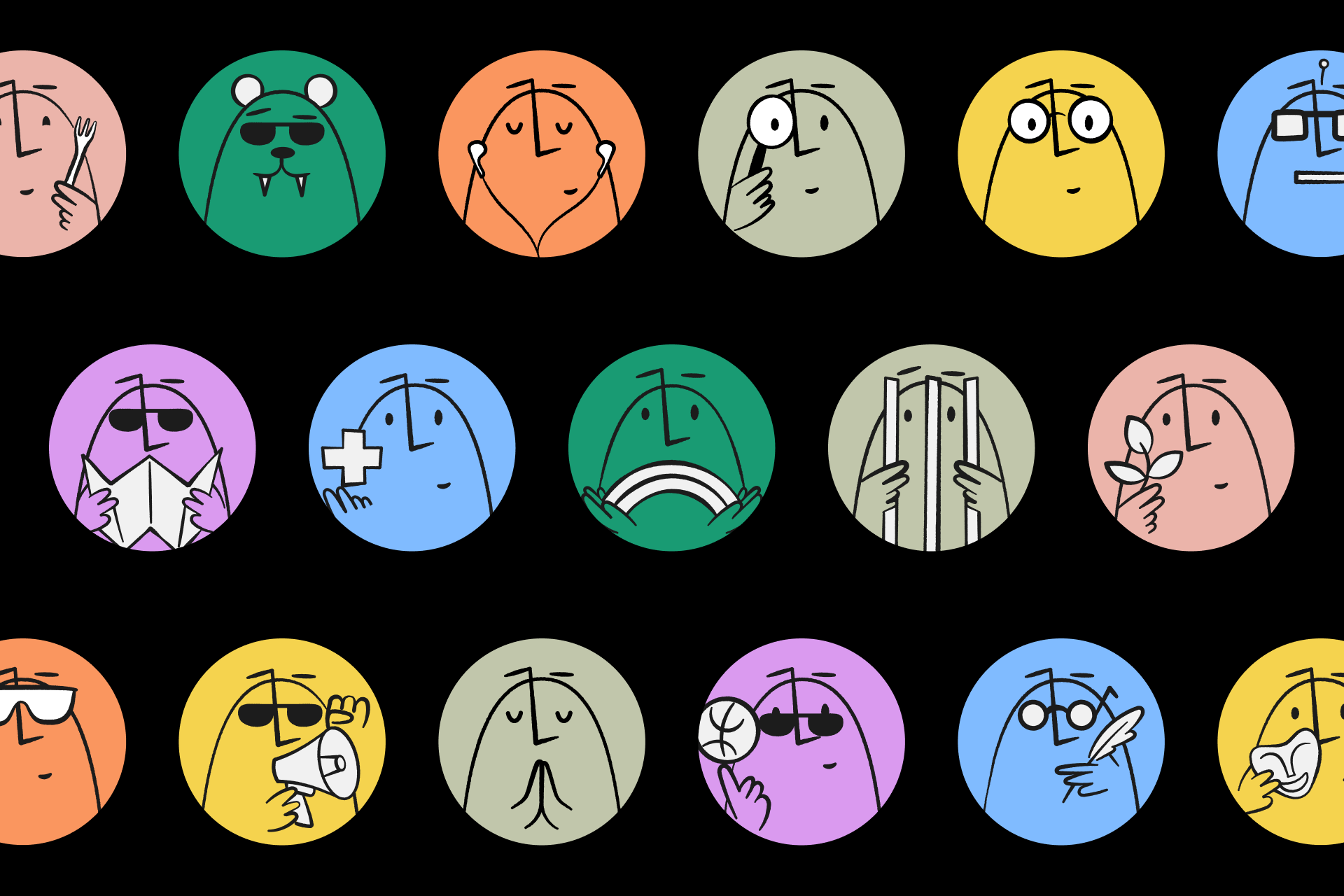 This image presents a cohesive grid of expressive, minimalist cartoon icons used to symbolize various emotions or reactions. The visual language relies on simple line work and muted, solid colors against a stark black background to create clear, easily readable emotional states. The overall feel is clean, playful, and highly functional for conveying abstract concepts quickly.