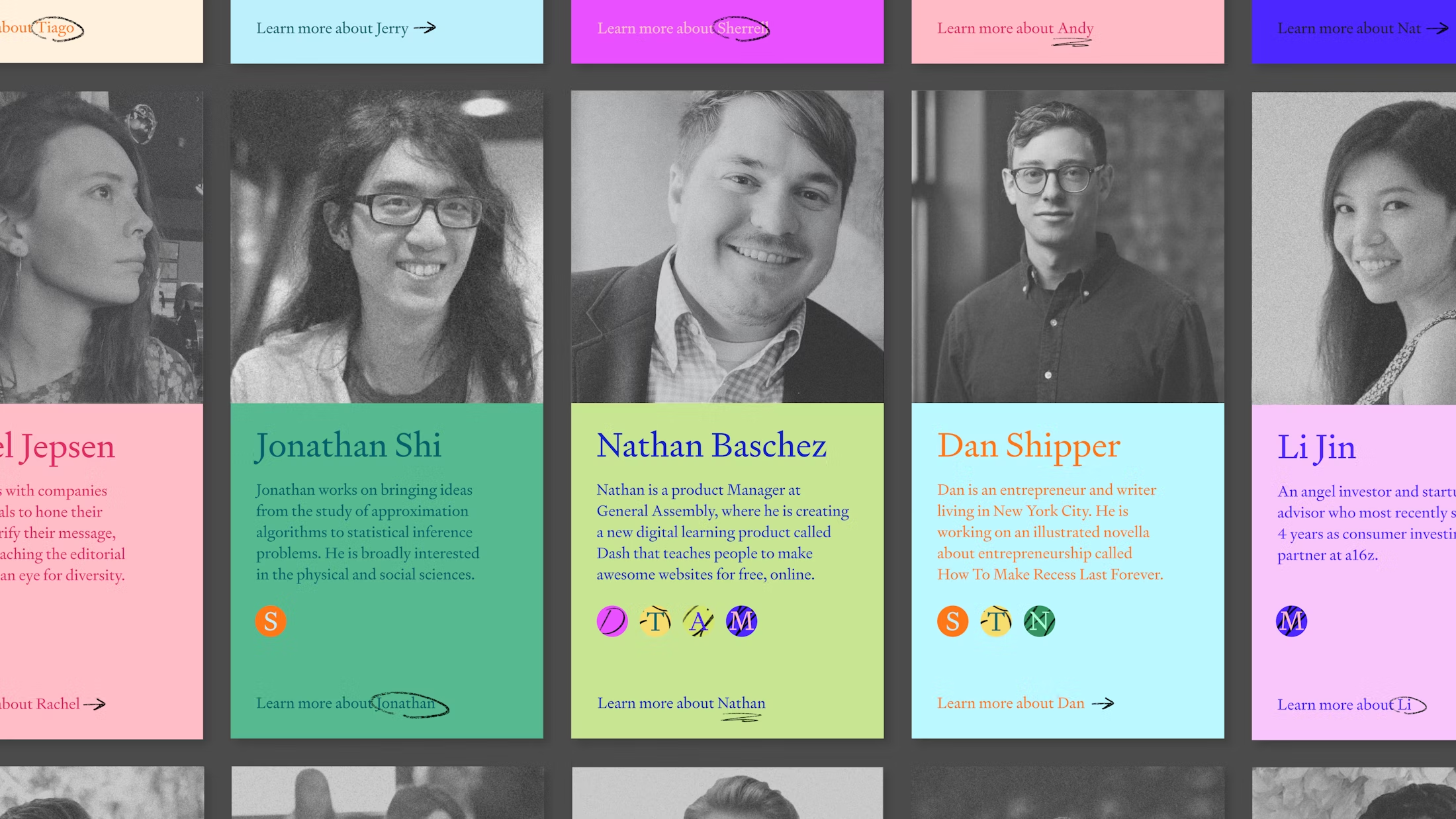 The image displays a grid layout of professional profiles, characterized by clean lines, ample white space, and a consistent color palette that suggests a modern, corporate, or professional networking platform. The design is organized and highly structured, prioritizing readability and a polished, trustworthy aesthetic.