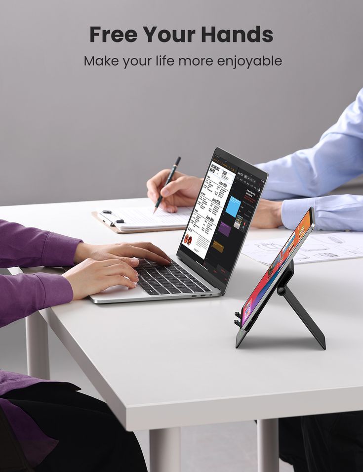 The image depicts a bright, minimalist workspace scene focusing on hands interacting with technology, suggesting themes of productivity and ease. The visual language is clean and professional, emphasizing collaboration and modern work practices.