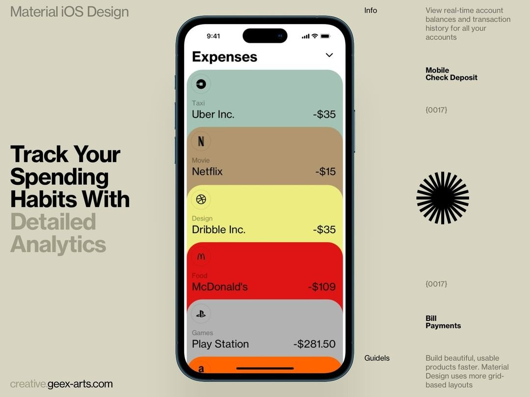 The image presents a clean, minimalist mobile application interface design focused on expense tracking. It utilizes a light, muted color palette with clear segmentation to display transaction data efficiently. The overall feel is professional, organized, and modern.