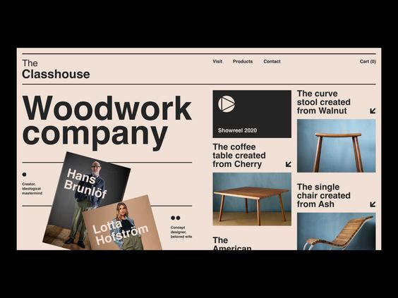 This design employs a clean, minimalist aesthetic characterized by ample white space and clear hierarchy to present high-quality woodworking products. The visual language is professional and editorial, focusing attention directly on the craftsmanship through simple typography and well-composed photography.