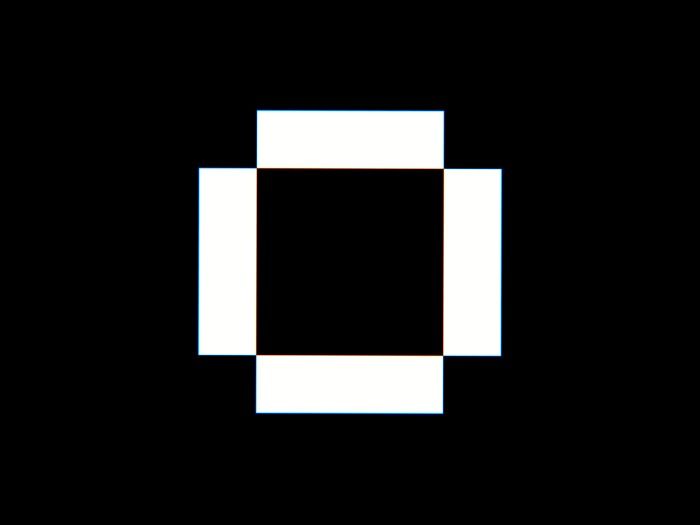 This image is a stark, minimalist graphic composed of a square shape rendered in a checkerboard pattern against a pure black background. The design relies on high contrast and geometric simplicity to create a modern, abstract visual statement.