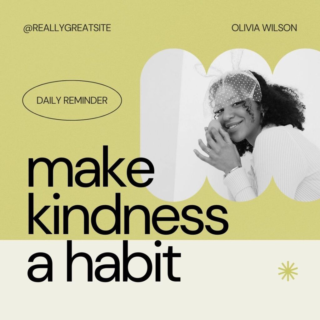 This is a clean, minimalist graphic design likely intended for social media or a reminder. It uses a muted yellow background contrasted with stark white text and a soft, illustrative element of a person's hand, conveying a message of gentle encouragement.