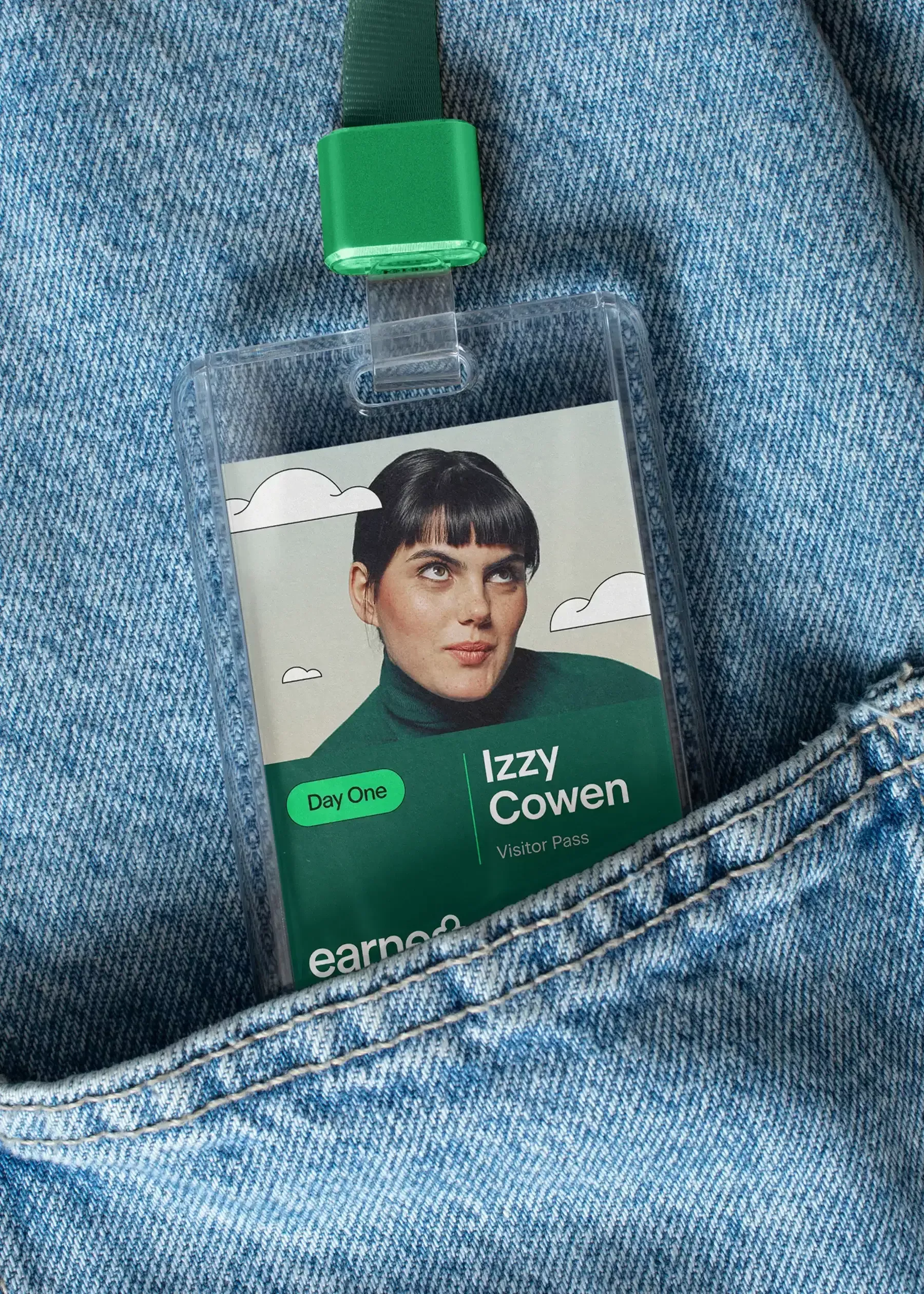 This visual pairing contrasts the rugged texture of blue denim with the sleek, transparent plastic of an access pass. The design effectively uses negative space and clear typography to communicate official credentials in a casual, yet structured way.