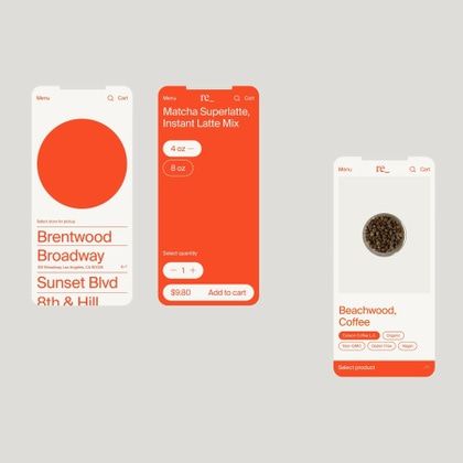 The image displays a clean, modern mobile application interface design, characterized by high contrast and simple geometric shapes. The layout is organized with distinct cards for different menu items, emphasizing clarity and ease of selection.