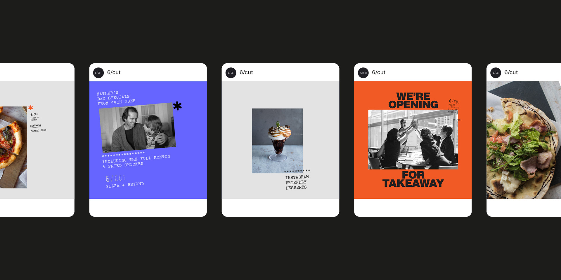 The image displays a series of minimalist, card-like digital interfaces or mockups, characterized by clean layouts and strong use of negative space. The design employs a limited color palette with high contrast elements to convey a modern, perhaps artisanal or food-focused brand identity.