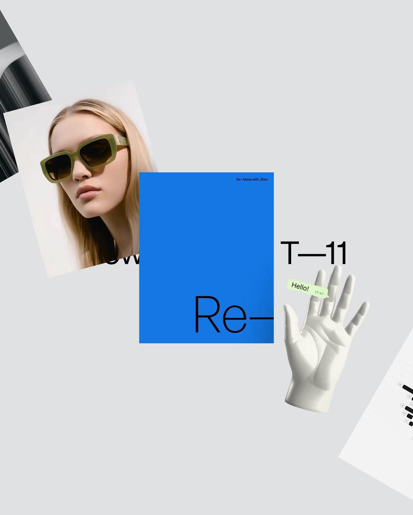 This design showcases a clean, minimalist aesthetic by juxtaposing photographic elements with bold geometric blocks and simple hand gestures. The visual language relies heavily on negative space, sharp lines, and a limited color palette to create a sophisticated and modern feel.