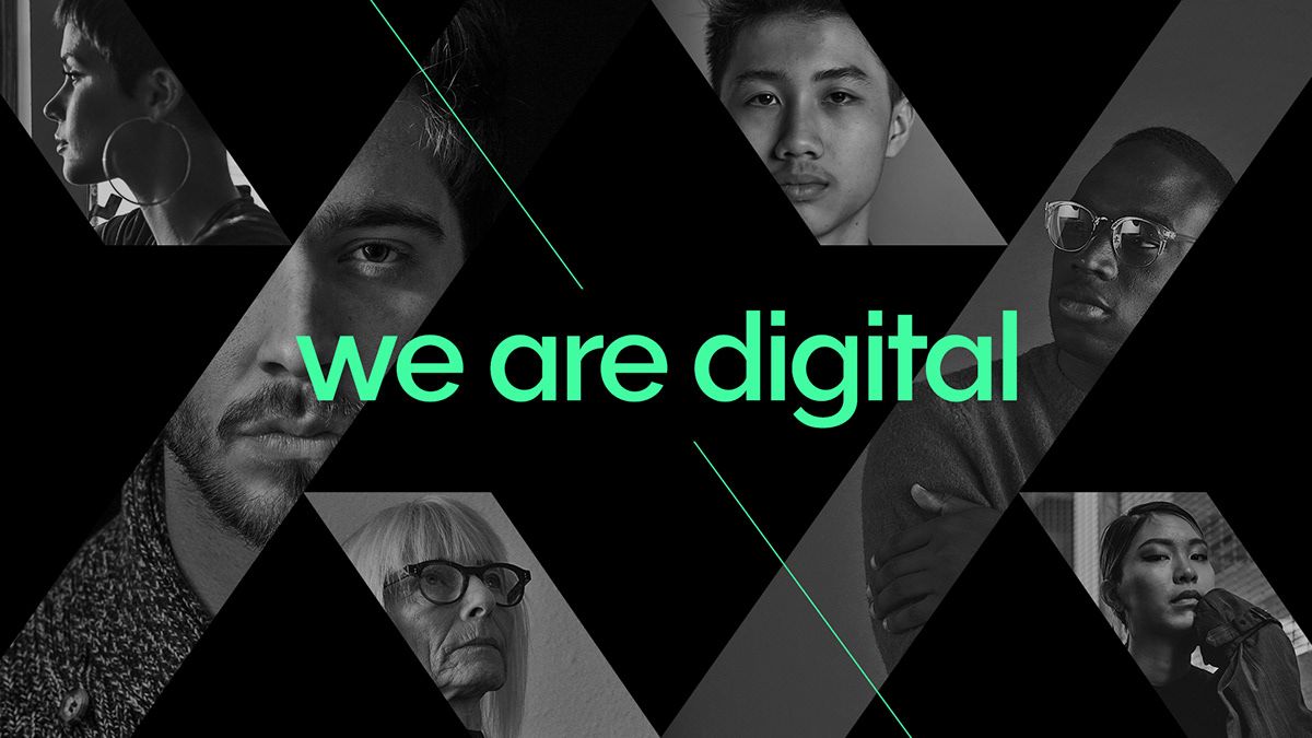 This is a high-contrast, modern montage featuring diverse individuals framed within sharp geometric shapes against a dark background. The visual language emphasizes strong lines, shadows, and fragmented composition to convey a sense of contemporary identity and digital presence.