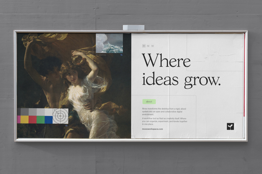 The image features a clean, minimalist presentation with a large photographic element juxtaposed against stark white space and clear, modern typography. The design balances organic texture in the photo with a sophisticated, corporate aesthetic.