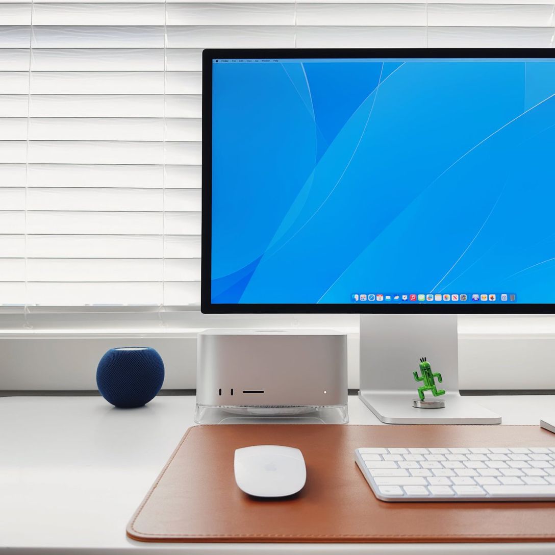 This image presents a highly organized and minimalist depiction of a modern workstation, emphasizing clean lines and the integration of technology into a warm aesthetic. The visual language relies on simple geometric forms and a restrained color palette to convey professionalism and contemporary design.