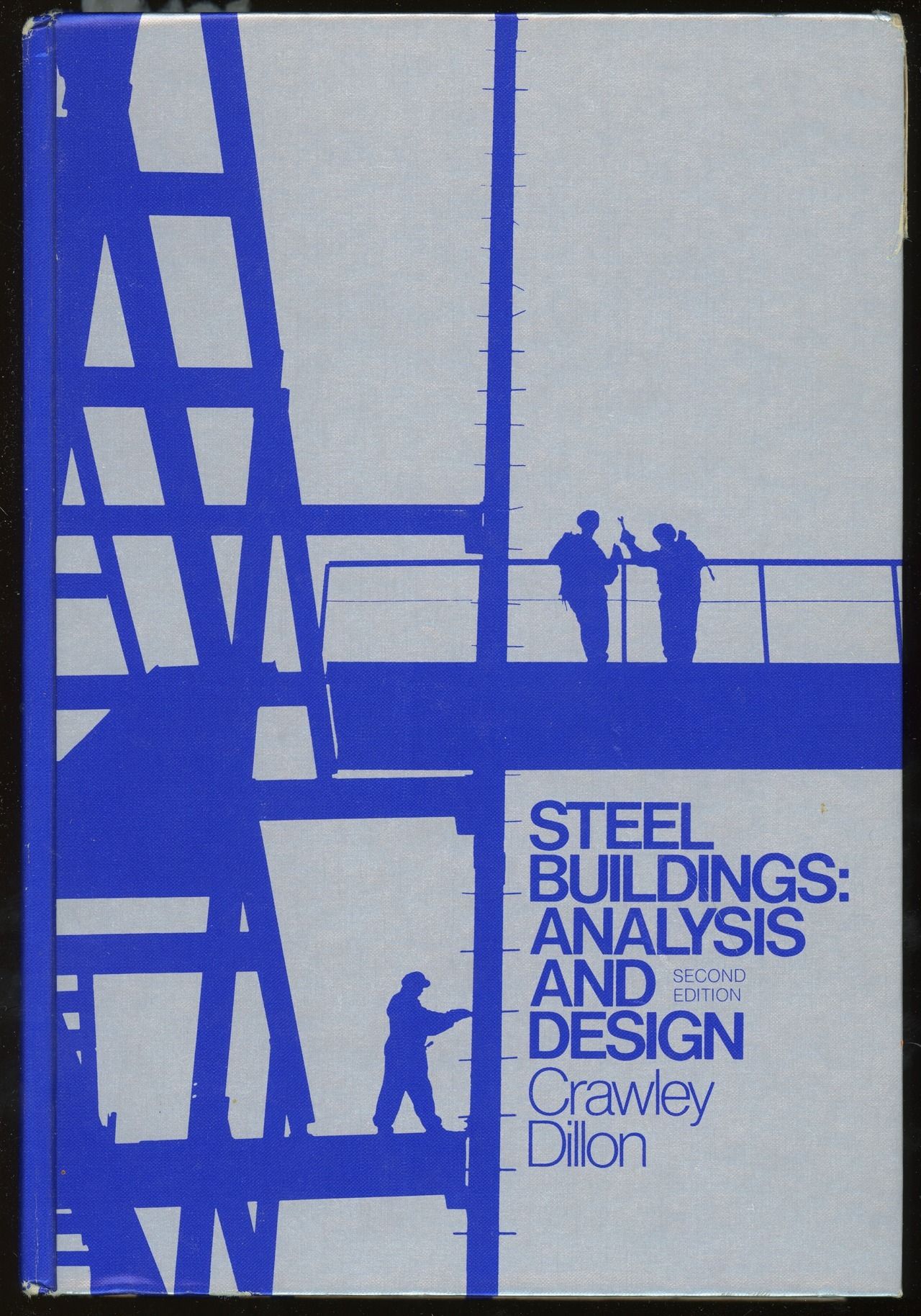 This design utilizes a stark, high-contrast visual language dominated by deep blue silhouettes of an industrial steel structure against a white background. The composition effectively uses negative space to emphasize the skeletal framework, creating a strong sense of technical precision and structural integrity.