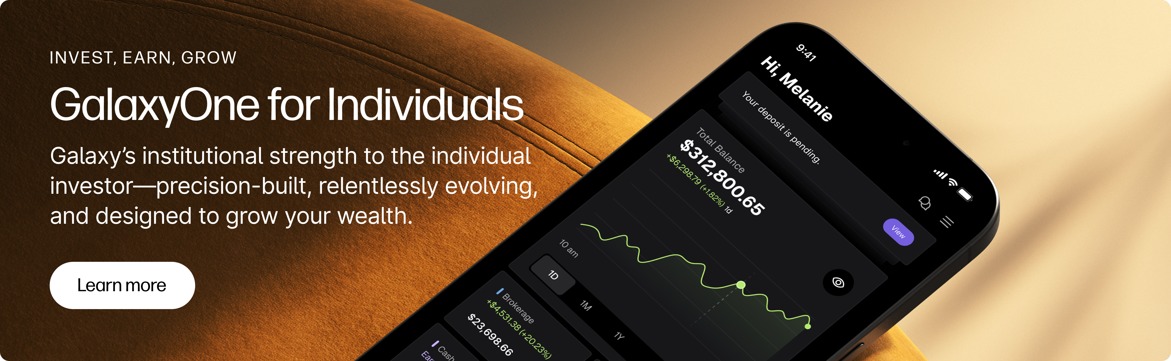 The design utilizes a warm, earthy backdrop to contrast sharply with the modern, dark-themed mobile interface, establishing a tone of sophisticated trust and financial solidity. The visual language is clean and professional, effectively pairing rich textures with sharp digital elements to convey reliability.