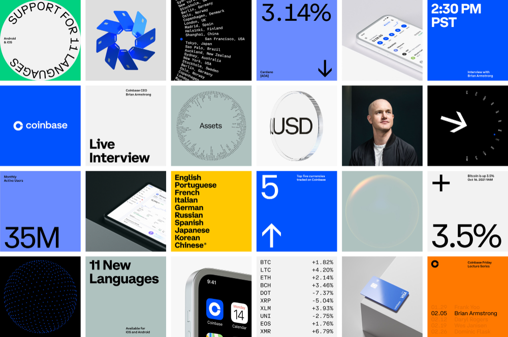 The image presents a grid-based dashboard or informational display characterized by a clean, modern, and somewhat corporate aesthetic. It uses strong geometric shapes, clear iconography, and a limited color palette to convey data points efficiently.