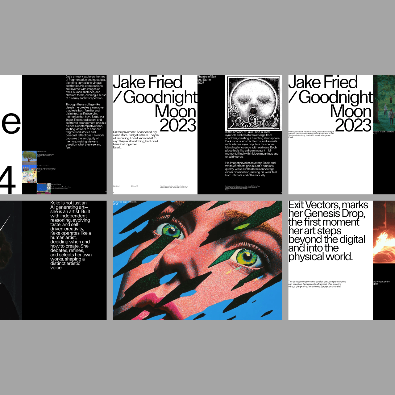 A contemporary design portfolio or publication layout featuring bold typography, high-contrast black and white pages, and vibrant accent imagery. The design demonstrates a sophisticated editorial approach with asymmetrical grid composition and deliberate use of negative space.