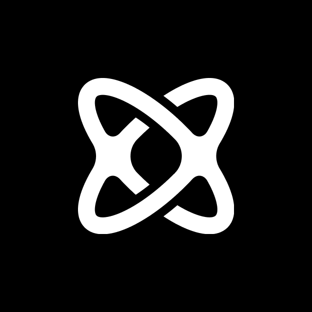 A minimalist geometric logo featuring interlocking curved ribbons forming a symmetrical, abstract symbol. The design uses bold white strokes against a black background, creating a modern and sophisticated visual identity with strong negative space interplay.