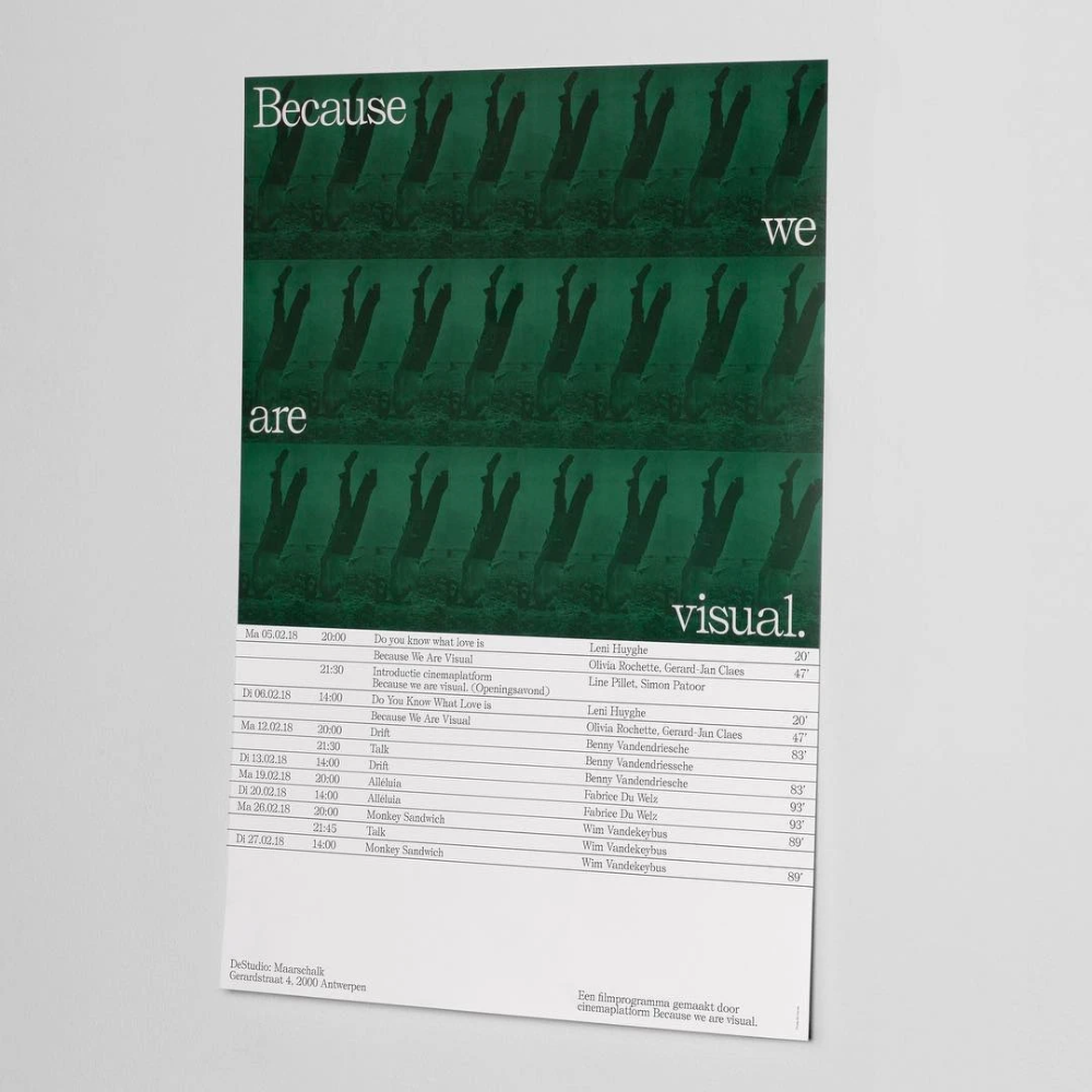 This design employs a stark, minimalist aesthetic using high contrast between dark background and light text to present structured information. The visual language is clean and academic, emphasizing typography and precise alignment over decorative elements. It conveys a serious, curated, and artistic tone.