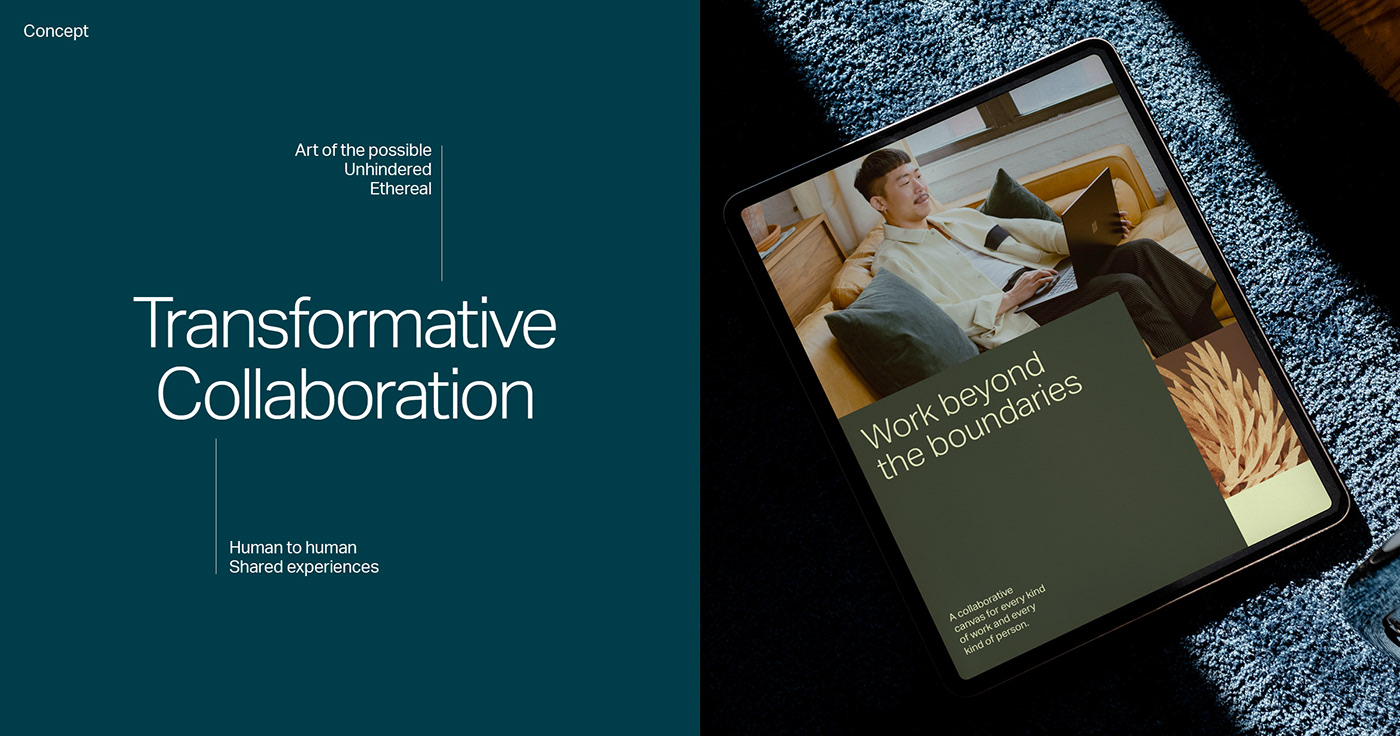 This design employs a clean, modern aesthetic with a deep teal and dark blue palette to convey professionalism and innovation. The layout uses ample negative space and clear typography to organize complex concepts about collaboration and ethereal art into an accessible visual narrative.