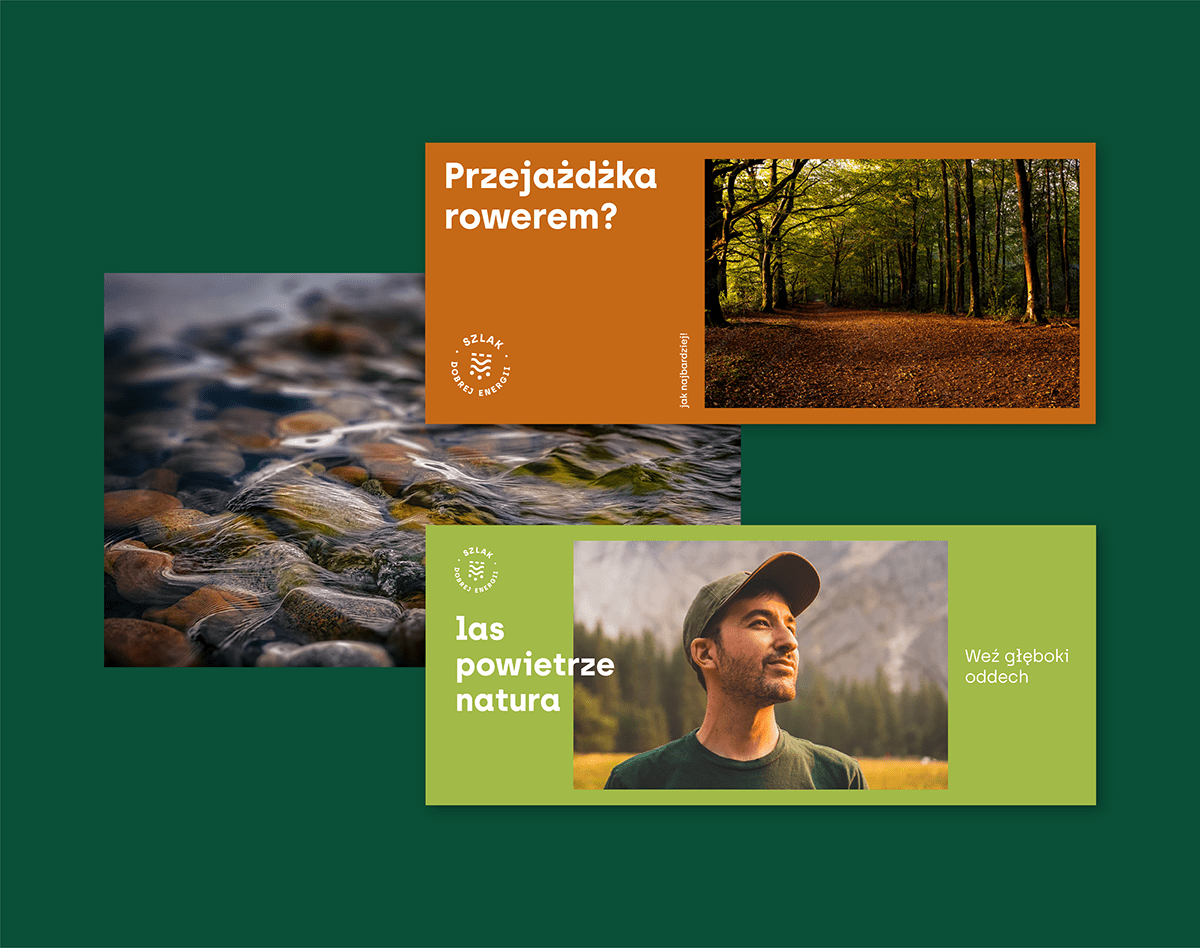 The design uses a strong, earthy color palette dominated by deep greens and warm oranges/browns to evoke nature and outdoor activities. The layout is modular, featuring distinct rectangular panels with photographic imagery paired with clear, concise text prompts.