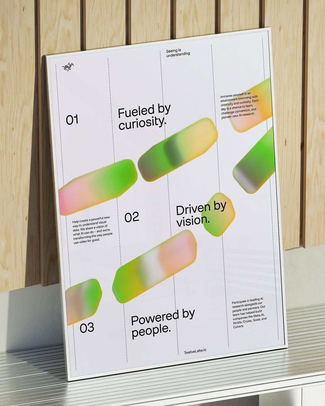 A modern, minimalist poster featuring three core values presented with gradient-filled rounded rectangles in soft, complementary colors. The design uses clean typography and ample whitespace to create a contemporary, professional aesthetic that emphasizes clarity and visual hierarchy.