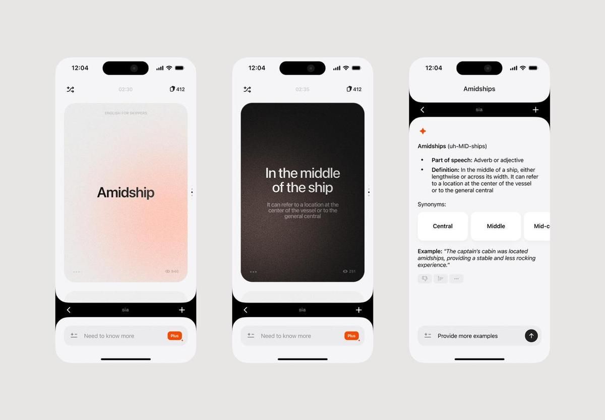 The image displays a clean, modern mobile application interface design focused on vocabulary learning. It utilizes ample white space and high contrast typography to present definitions clearly, suggesting a professional and user-friendly educational tool.